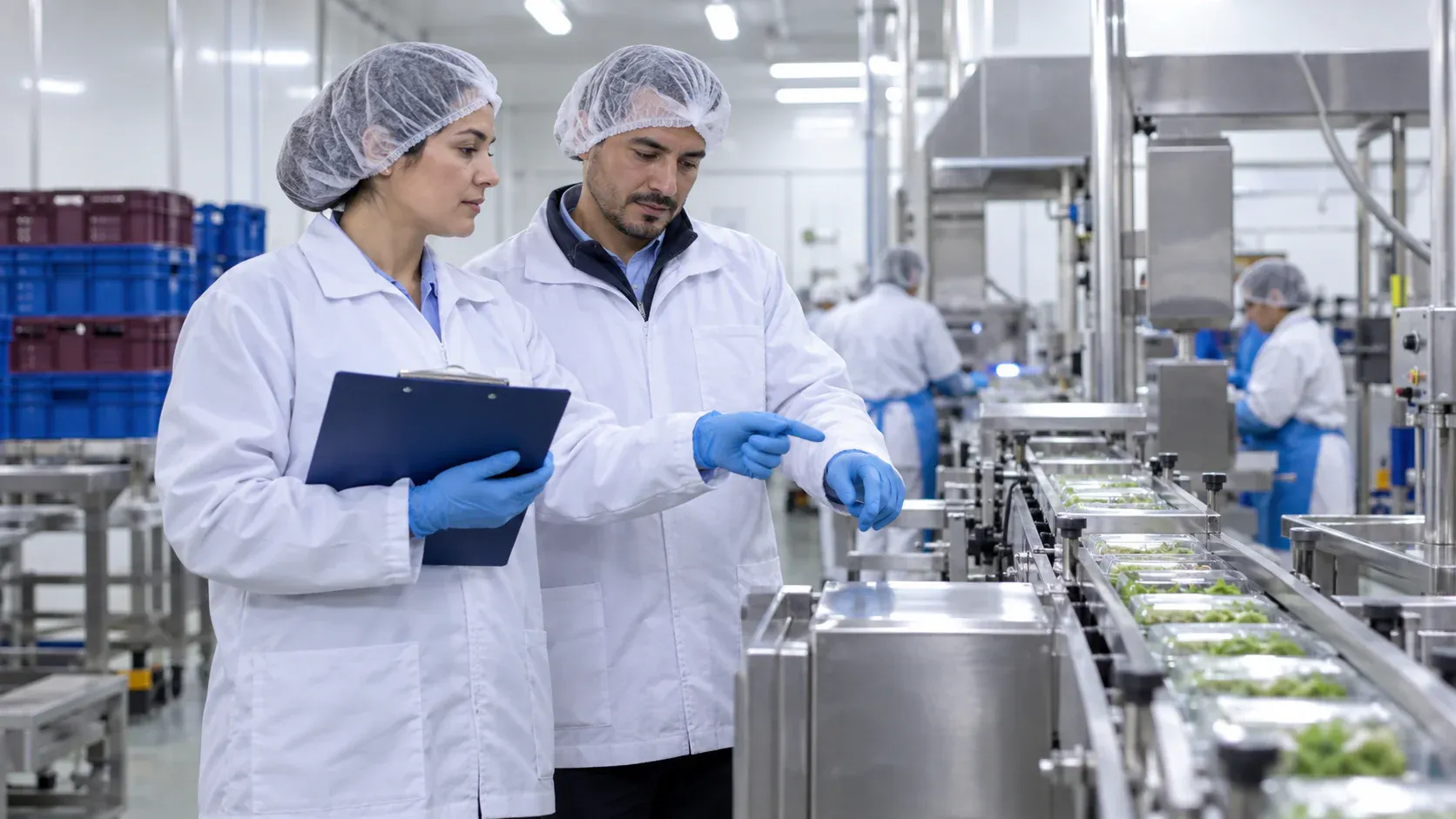 Imagen ilustrativa de especialistas revisando la higiene de una planta de alimentos
