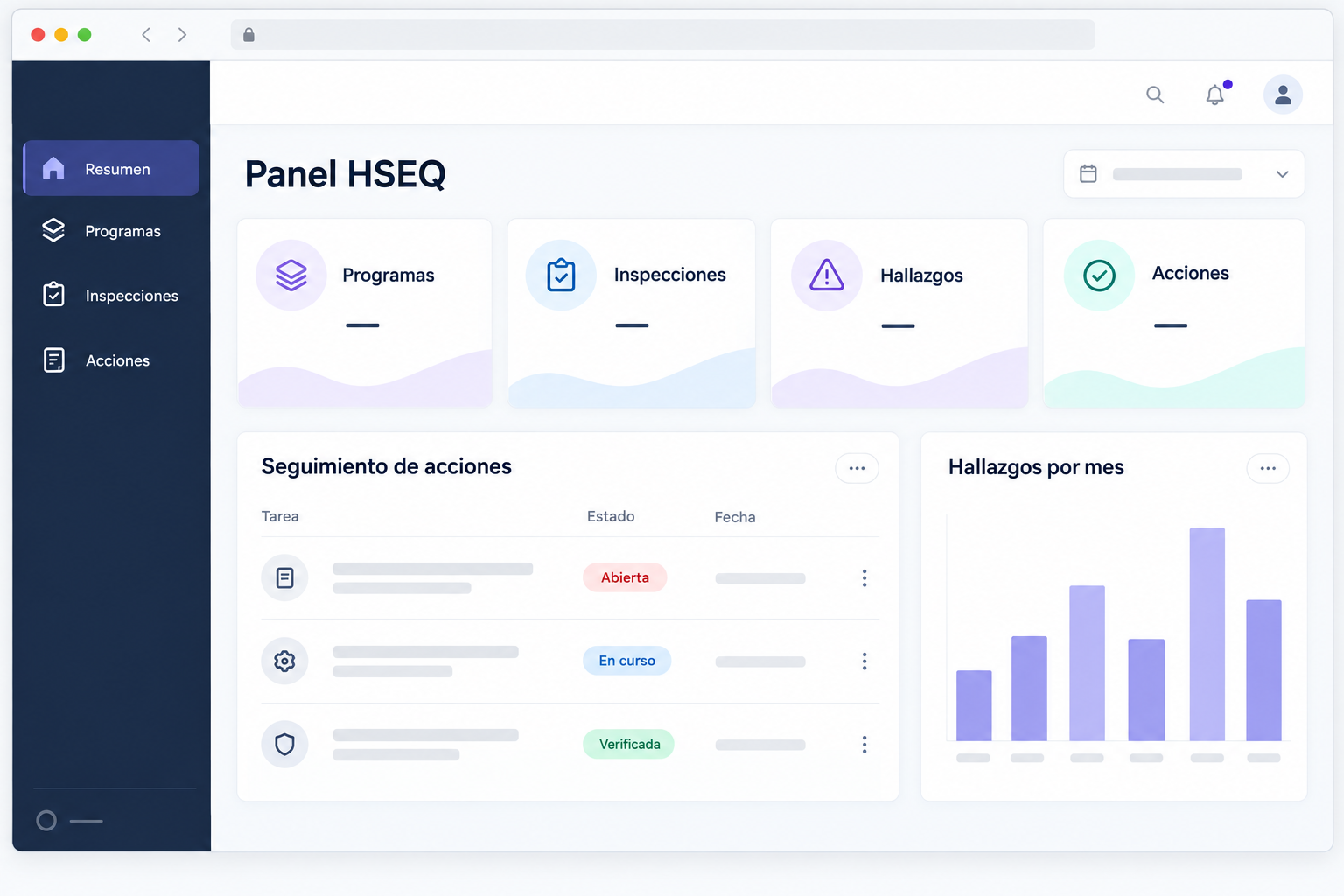 Mockup ilustrativo de un panel HSEQ con programas, inspecciones, hallazgos y seguimiento de acciones; no es una captura de una plataforma en producción